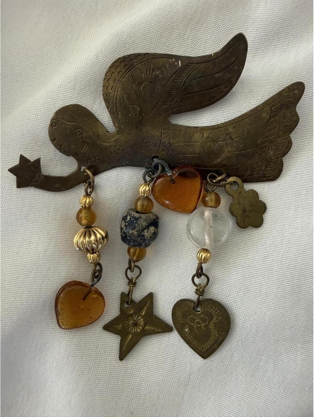 Vintage Folk Art Angel Brooch Dangling Heart Star Charms